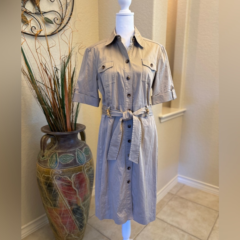 Tahari ASL Khaki colored short sleeve trench dress Size 8 - Picture 1 of 6